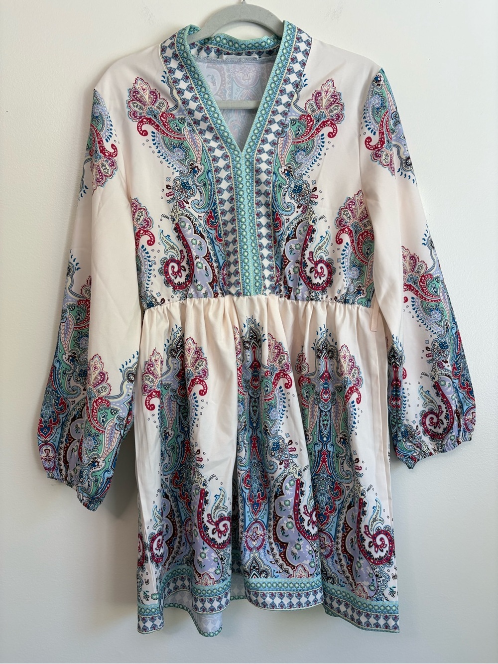 Boho Chic Paisley V-Neck Tunic Dress in Cream Teal Burgundy Goodnight Macaroon M
